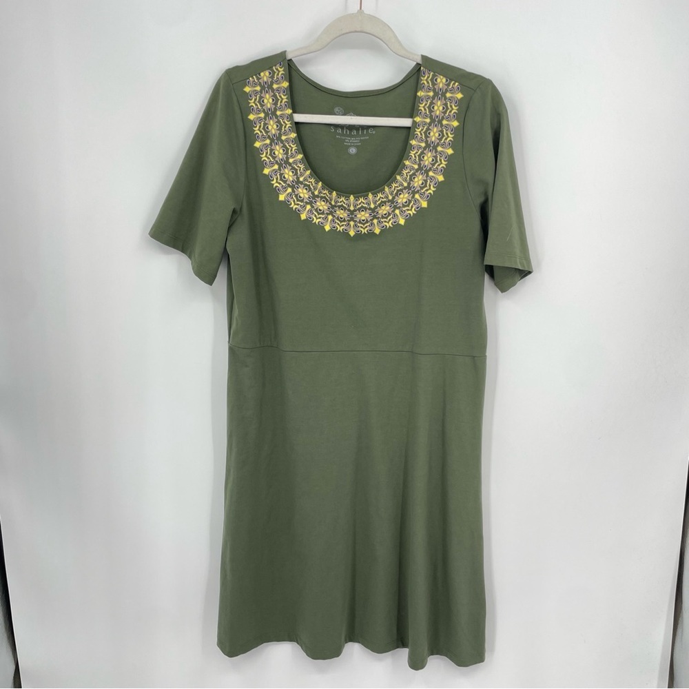 SAHALIE Size Large DRESS Green Art Cotton Stretch Classic Beauty High Waist